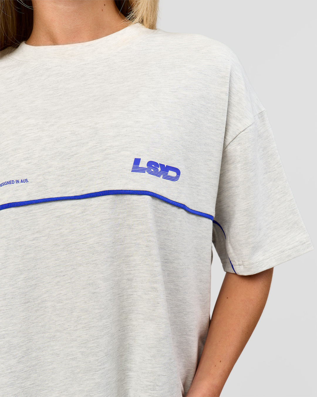 Woman wearing Inline Heavyweight FLXCotton Oversized Tee - Silver Marl-Power Cobalt | Model:Issy | Size:XS - view 13