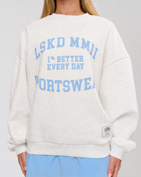 Woman wearing Playbook Boxy Crew Sweater - Silver Marl-Open Air | Model:Issy | Size:XS | Thumbnail Index: 5