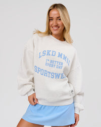 Woman wearing Playbook Boxy Crew Sweater - Silver Marl-Open Air | Model:Issy | Size:XS | Thumbnail Index: 0