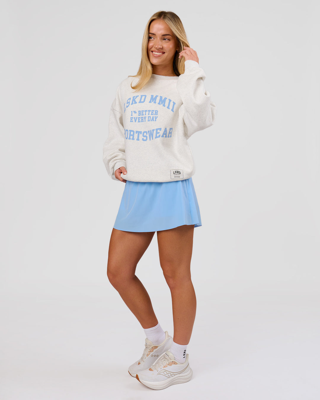 Woman wearing Playbook Boxy Crew Sweater - Silver Marl-Open Air | Model:Issy | Size:XS - view 14