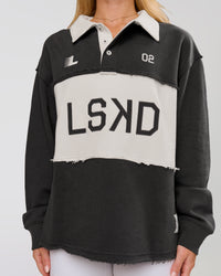 Woman wearing Playbook Unisex Collared Sweater - Onyx-Off White | Model:Issy | Size:XS | Thumbnail Index: 16