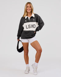 Woman wearing Playbook Unisex Collared Sweater - Onyx-Off White | Model:Issy | Size:XS | Thumbnail Index: 20
