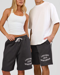 Woman wearing Playbook Varsity Fleece Shorts - Onyx-Off White | Model:Issy | Size:XS | Thumbnail Index: 20