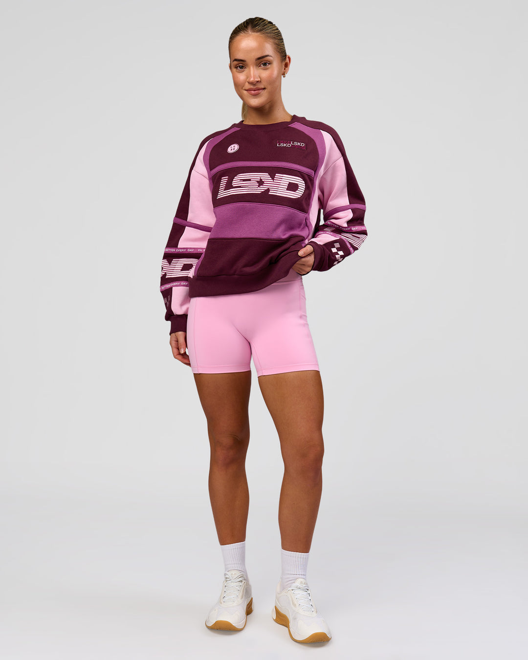 Woman wearing Power Sweater - Cherry Lacquer-Boysenberry | Model:Issy | Size:XS - view 3