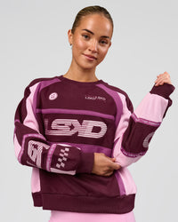Woman wearing Power Sweater - Cherry Lacquer-Boysenberry | Model:Issy | Size:XS | Thumbnail Index: 7