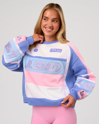 Woman wearing Power Sweater - Pink Rose-Bluebell | Model:Issy | Size:XS | Thumbnail Index: 0