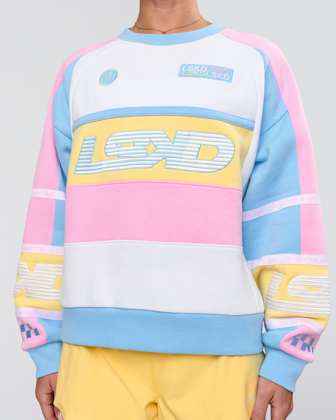 Woman wearing Power Sweater - Pink Rose-Lemon | Model:Issy | Size:XS - view 2