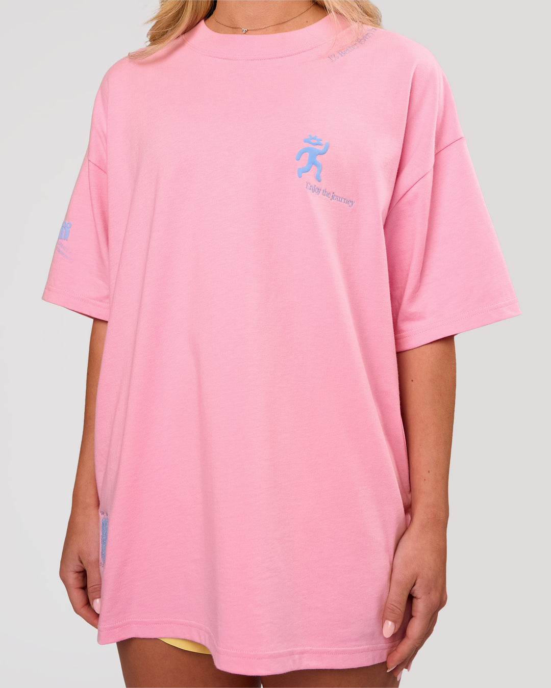 Woman wearing Values Manifesto Heavyweight Oversized Tee  - Pink Rose-Open Air | Model:Issy | Size:XS - view 6