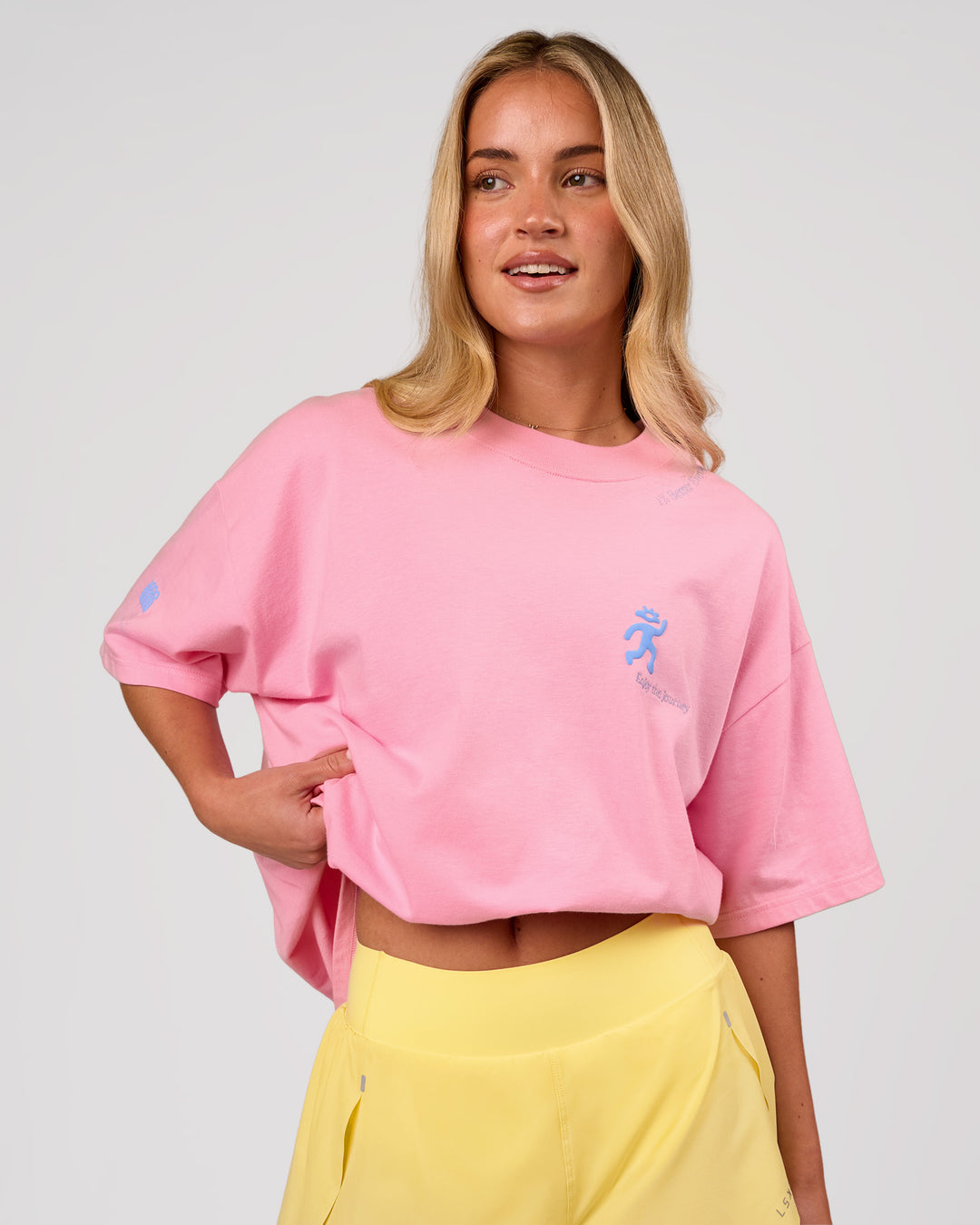 Woman wearing Values Manifesto Heavyweight Oversized Tee  - Pink Rose-Open Air | Model:Issy | Size:XS - view 3
