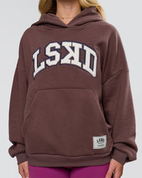 Woman wearing Varsity Boxy Hoodie - Cocoa Powder-Off White | Model:Issy | Size:XS | Thumbnail Index: 8