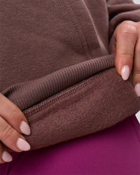 Woman wearing Varsity Boxy Hoodie - Cocoa Powder-Off White | Model:Issy | Size:XS | Thumbnail Index: 15