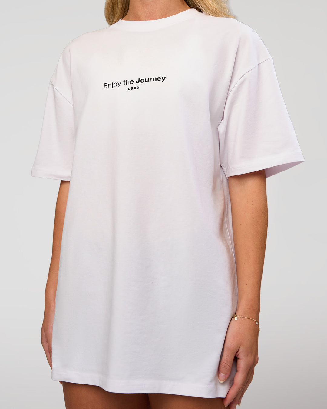 Woman wearing VS1 Enjoy The Journey FLXCotton Oversize Tee - White | Model:Issy | Size:XS - view 7