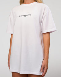 Woman wearing VS1 Enjoy The Journey FLXCotton Oversize Tee - White | Model:Issy | Size:XS | Thumbnail Index: 6