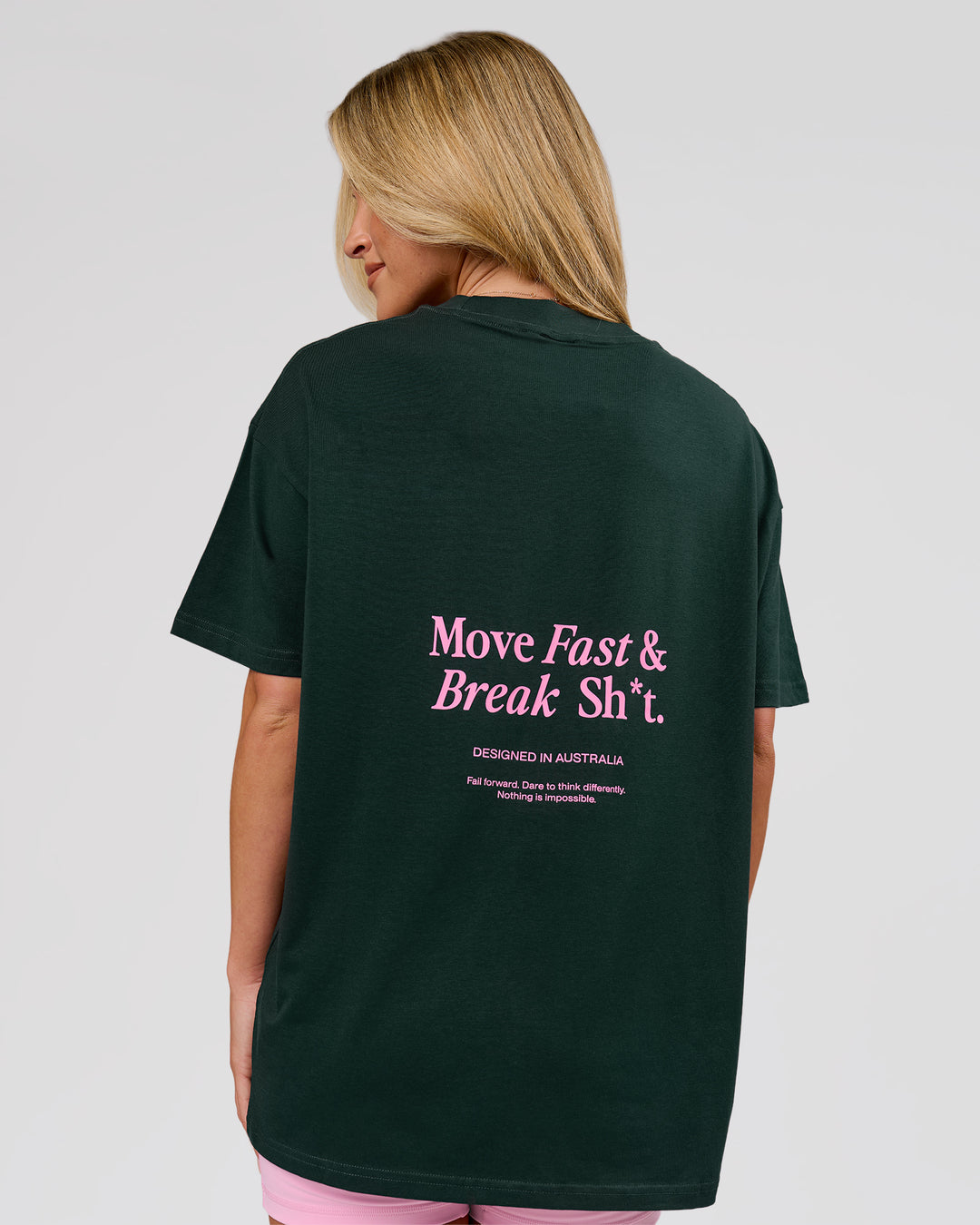 Woman wearing VS26 MFBS FLXCotton Oversize Tee - Midnight Green-Pink Rose | Model:Issy | Size:XS - view 3