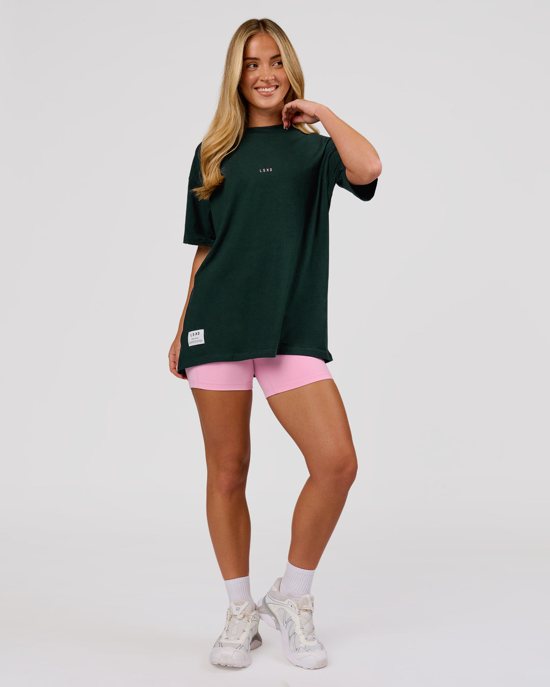 Woman wearing VS26 MFBS FLXCotton Oversize Tee - Midnight Green-Pink Rose | Model:Issy | Size:XS - view 6