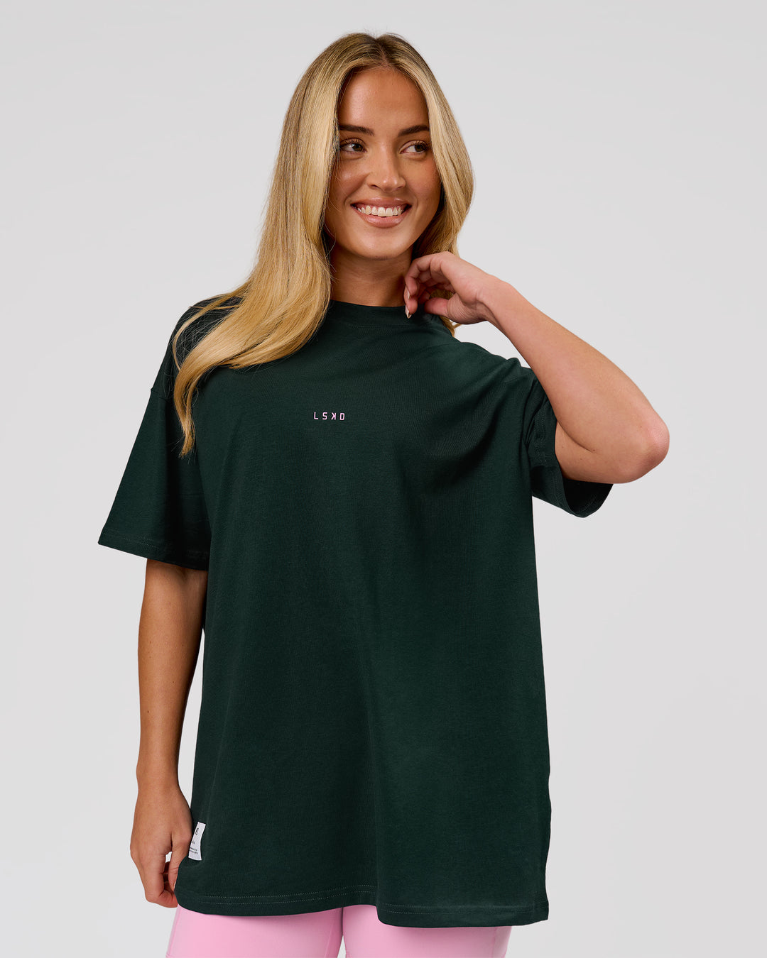 Woman wearing VS26 MFBS FLXCotton Oversize Tee - Midnight Green-Pink Rose | Model:Issy | Size:XS - view 9