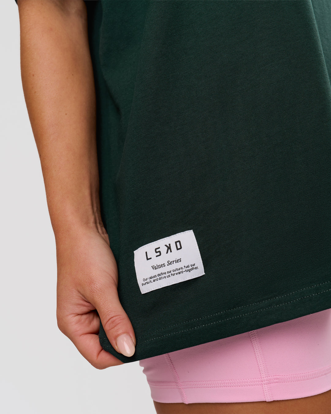 Woman wearing VS26 MFBS FLXCotton Oversize Tee - Midnight Green-Pink Rose | Model:Issy | Size:XS - view 17