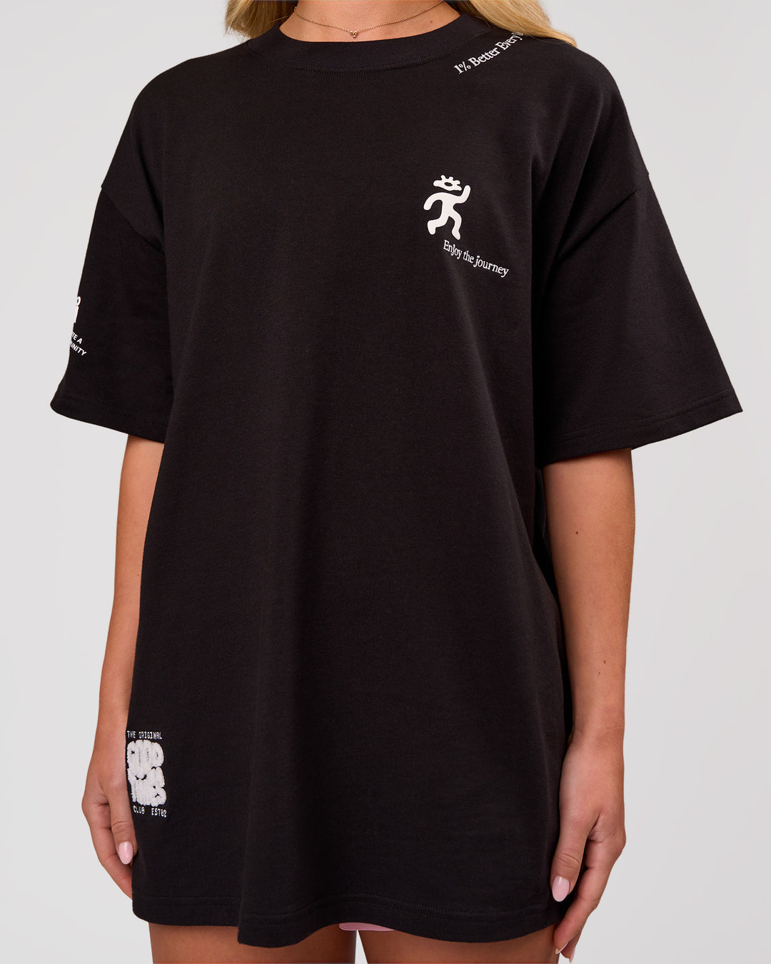 Woman wearing Values Manifesto Heavyweight Oversized Tee  - Black-White | Model:Issy | Size:XS - view 8