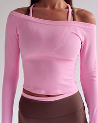 Woman wearing Bree Bardot Long Sleeve Top - Pink Rose | Model:Joanne | Size:XS | Thumbnail Index: 5