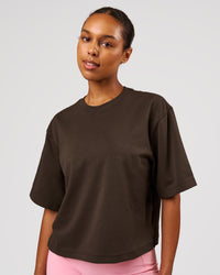Woman wearing AfterDark ZeroCrease Cropped Tee - Ground Coffee | Model:Jordan | Size:XS | Thumbnail Index: 0