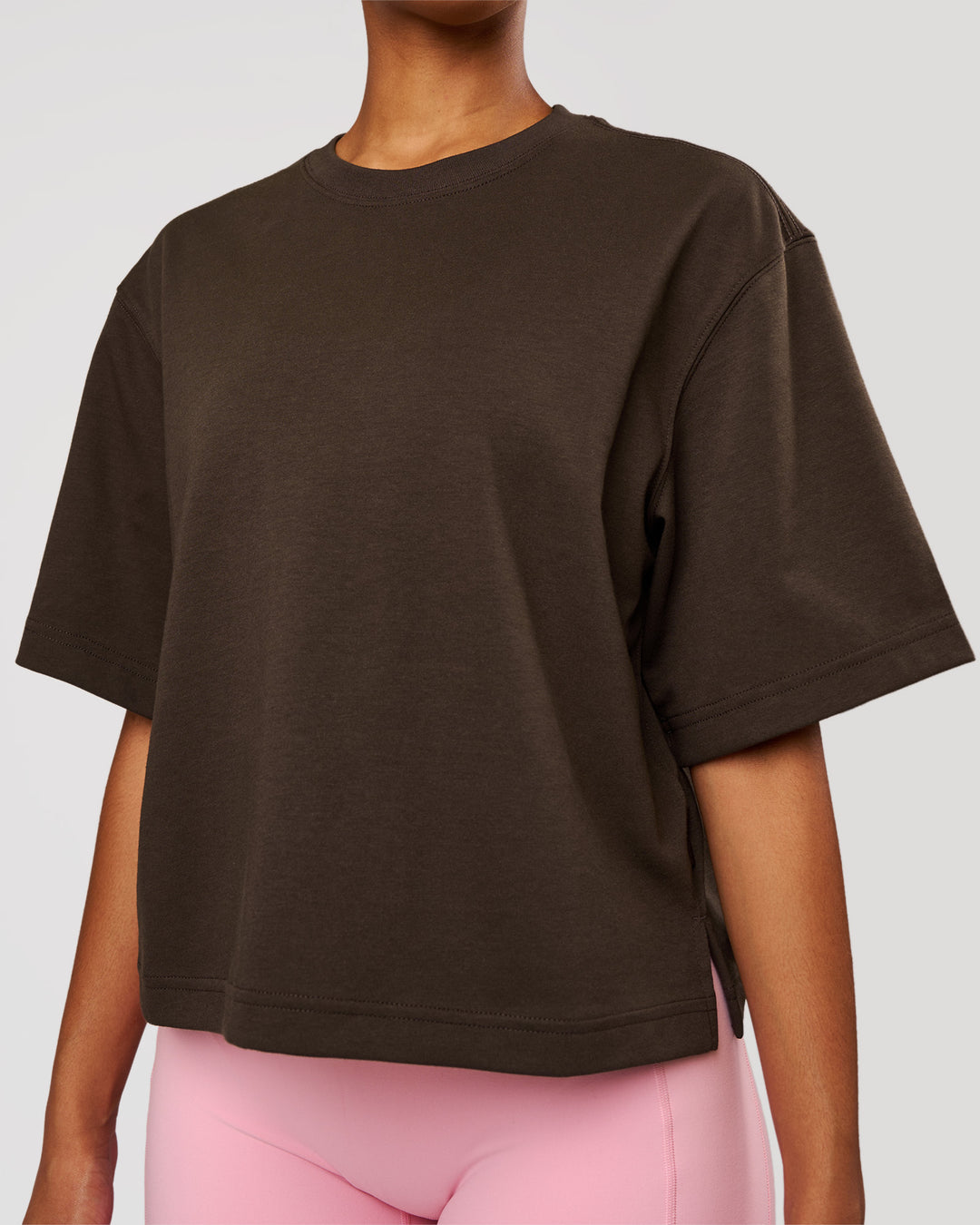 Woman wearing AfterDark ZeroCrease Cropped Tee - Ground Coffee | Model:Jordan | Size:XS - view 5