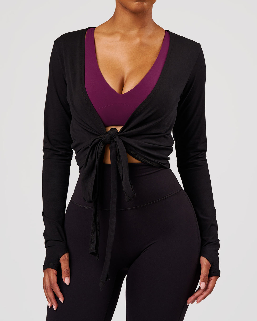 Woman wearing All Day Wrap FLXCotton Long Sleeve Top - Black | Model:Jordan | Size:XS - view 2