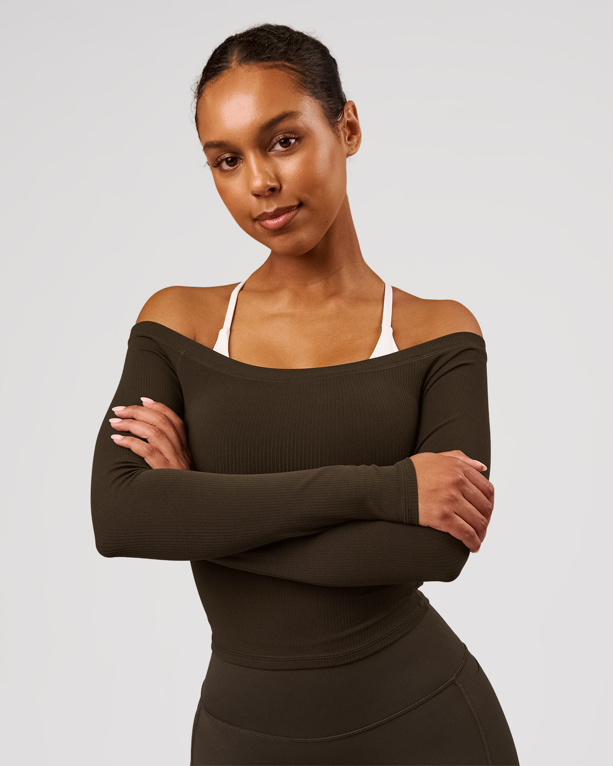 Woman wearing Bardot Long Sleeve Top - Ground Coffee | Model:Jordan | Size:XS - view 1