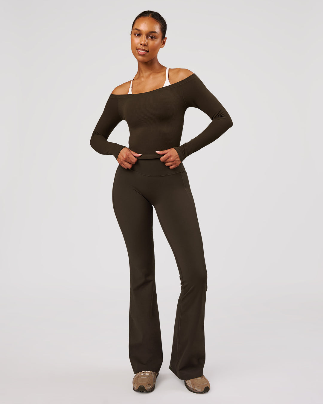 Woman wearing Bardot Long Sleeve Top - Ground Coffee | Model:Jordan | Size:XS - view 5