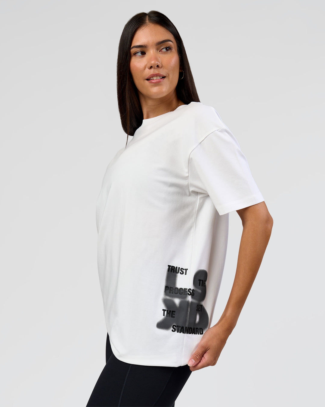 Woman wearing Clear Vision Heavyweight FLXCotton Oversized Tee - White-Black | Model:Rhiley | Size:XS - view 6