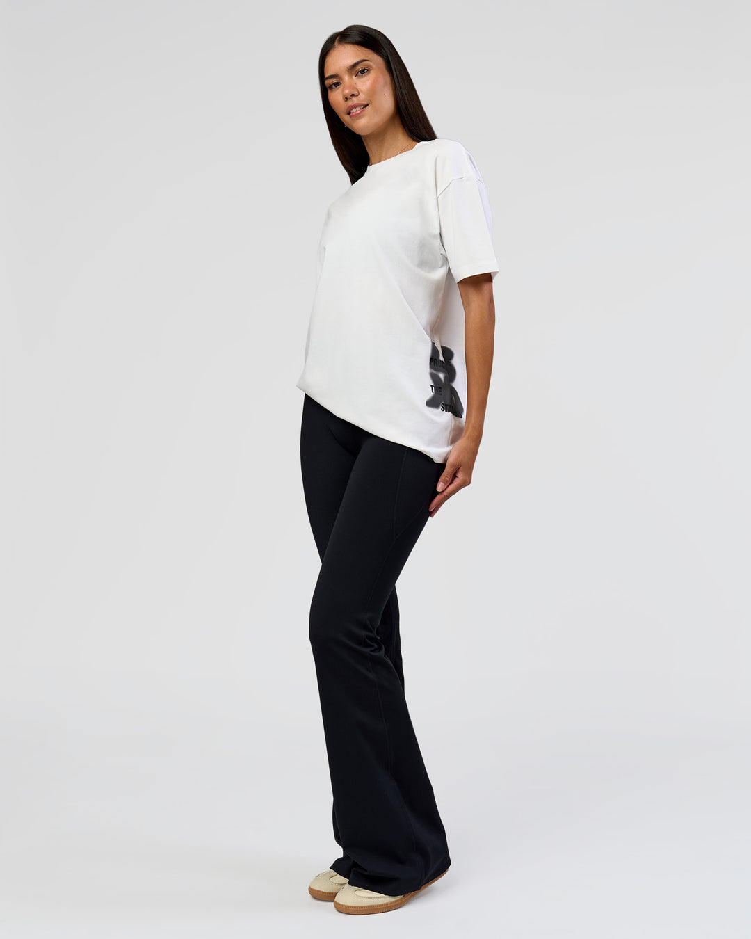 Woman wearing Clear Vision Heavyweight FLXCotton Oversized Tee - White-Black | Model:Rhiley | Size:XS - view 9