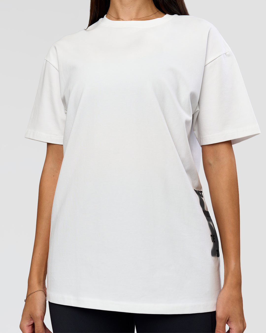 Woman wearing Clear Vision Heavyweight FLXCotton Oversized Tee - White-Black | Model:Rhiley | Size:XS - view 13