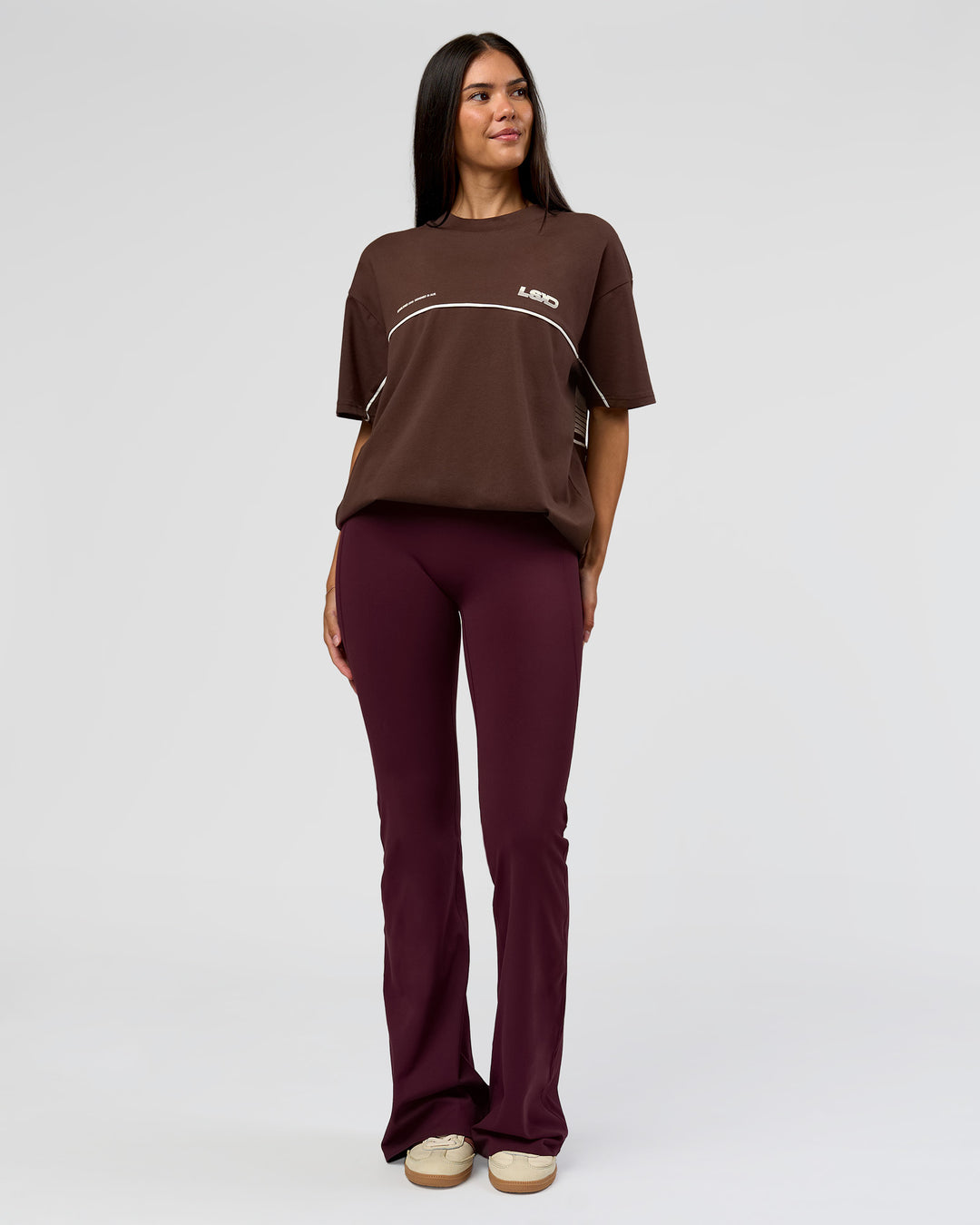 Woman wearing Inline Heavyweight FLXCotton Oversized Tee - Hot Chocolate-Off White | Model:Rhiley | Size:XS - view 13