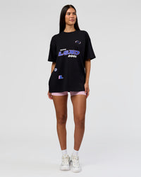 Woman wearing League Heavyweight FLXCotton Oversized Tee - Black-Power Cobalt | Model:Rhiley | Size:XS | Thumbnail Index: 8