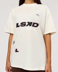 Woman wearing League Heavyweight FLXCotton Oversized Tee - Off White-Ground Coffee | Model:Rhiley | Size:XS | Thumbnail Index: 10