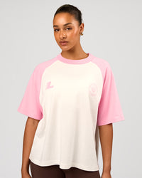 Woman wearing Victory Heavyweight Boxed Raglan Tee - Off White-Pink Rose | Model:Rosie | Size:XS | Thumbnail Index: 2
