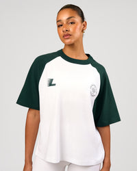 Woman wearing Victory Heavyweight Boxed Raglan Tee - White-Midnight Green | Model:Rosie | Size:XS | Thumbnail Index: 2