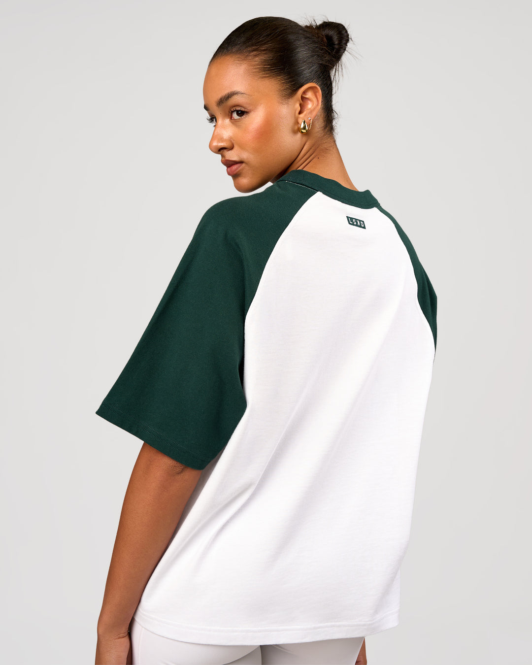 Woman wearing Victory Heavyweight Boxed Raglan Tee - White-Midnight Green | Model:Rosie | Size:XS - view 6