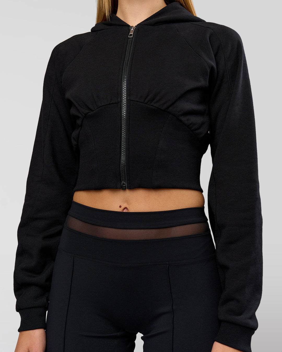Woman wearing Bend Contour Silhouette Zip Through Hoodie - Black | Model:Taneisha | Size:XS - view 4