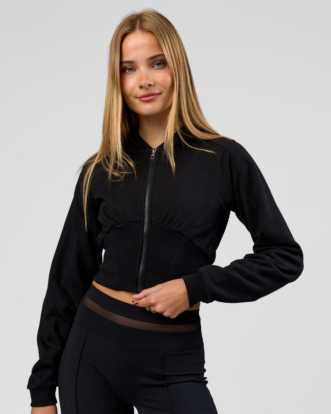 Woman wearing Bend Contour Silhouette Zip Through Hoodie - Black | Model:Taneisha | Size:XS - view 8
