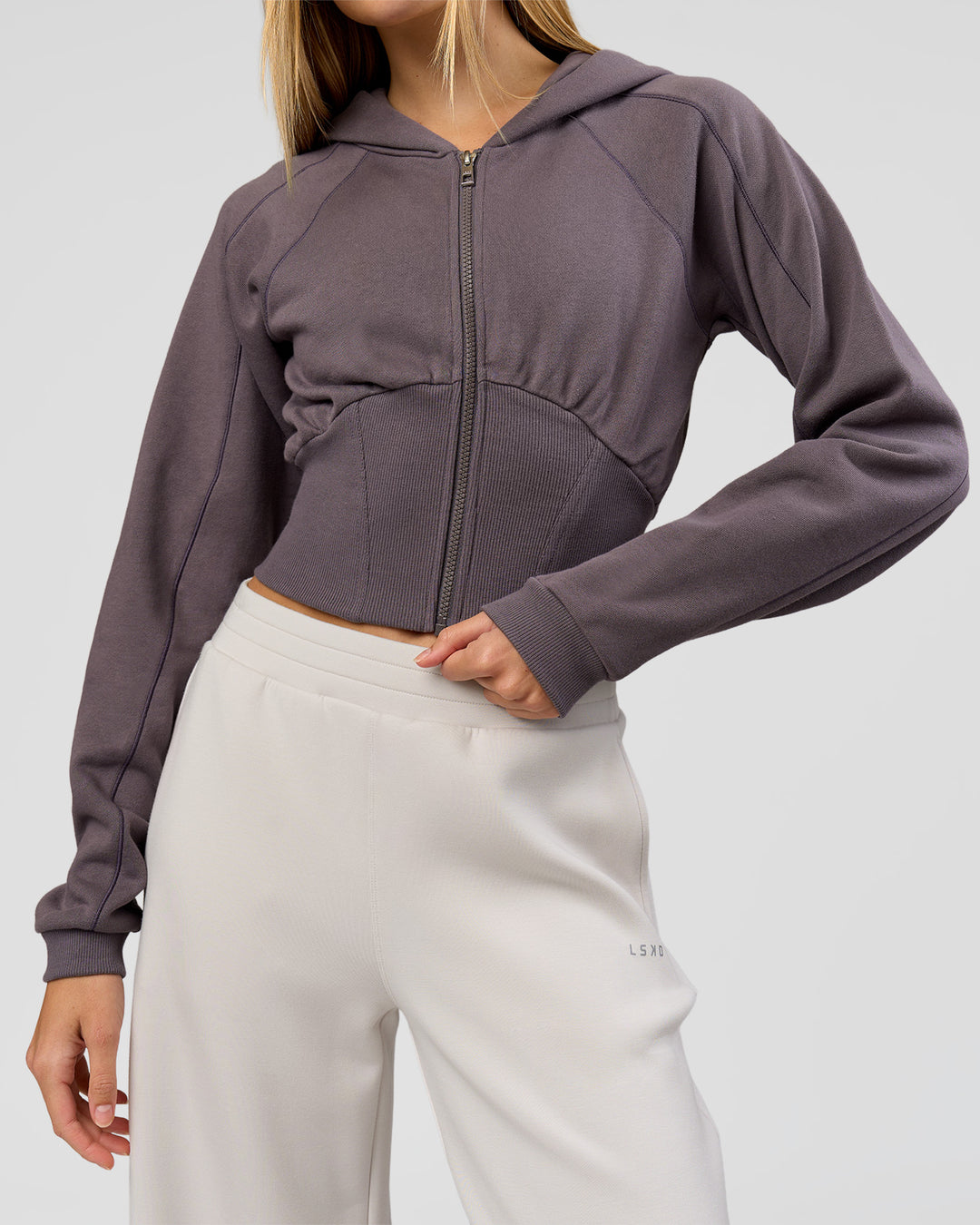 Woman wearing Bend Contour Silhouette Zip Through Hoodie - Duskstone | Model:Taneisha | Size:XS - view 2