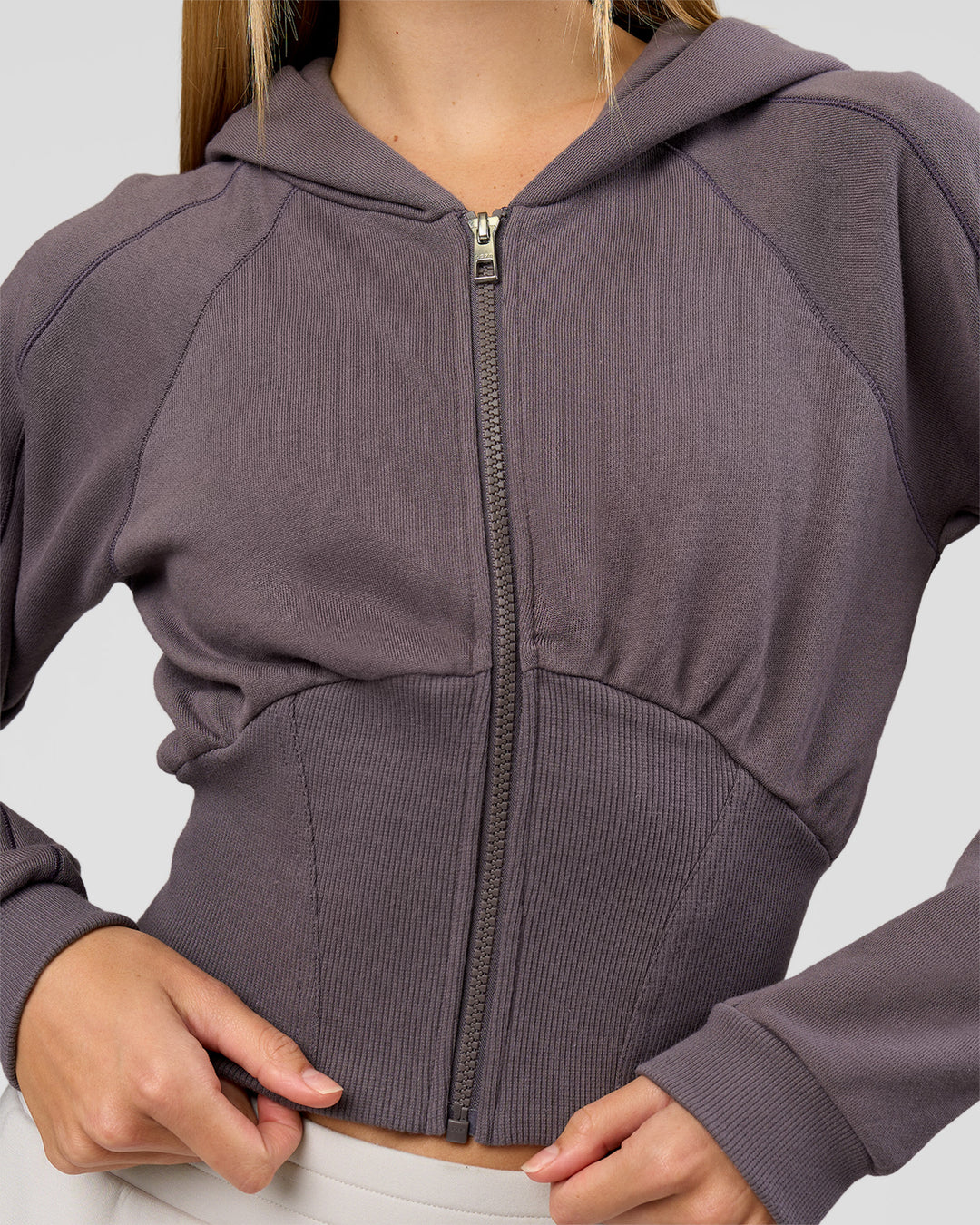 Woman wearing Bend Contour Silhouette Zip Through Hoodie - Duskstone | Model:Taneisha | Size:XS - view 3