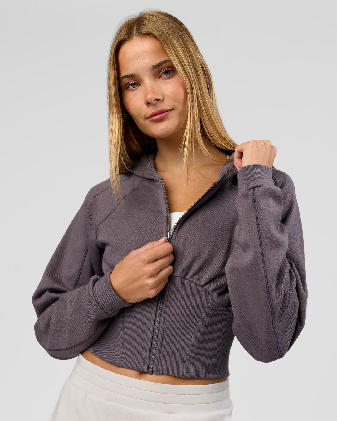 Woman wearing Bend Contour Silhouette Zip Through Hoodie - Duskstone | Model:Taneisha | Size:XS - view 7