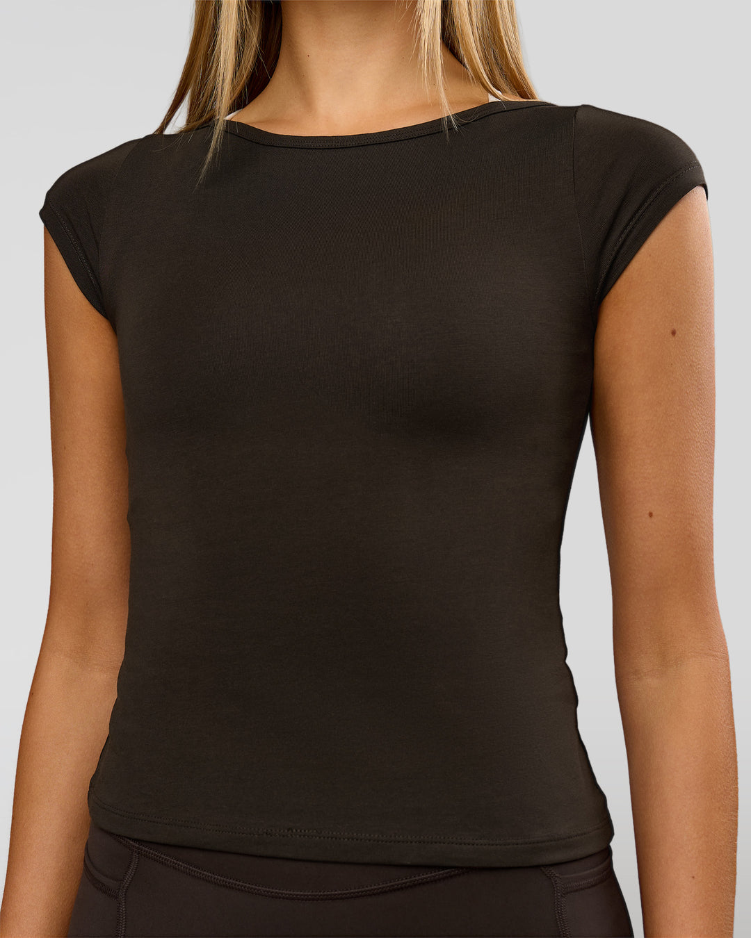 Woman wearing Boatneck FLXCotton Baby Tee - Ground Coffee | Model:Taneisha | Size:XS - view 12