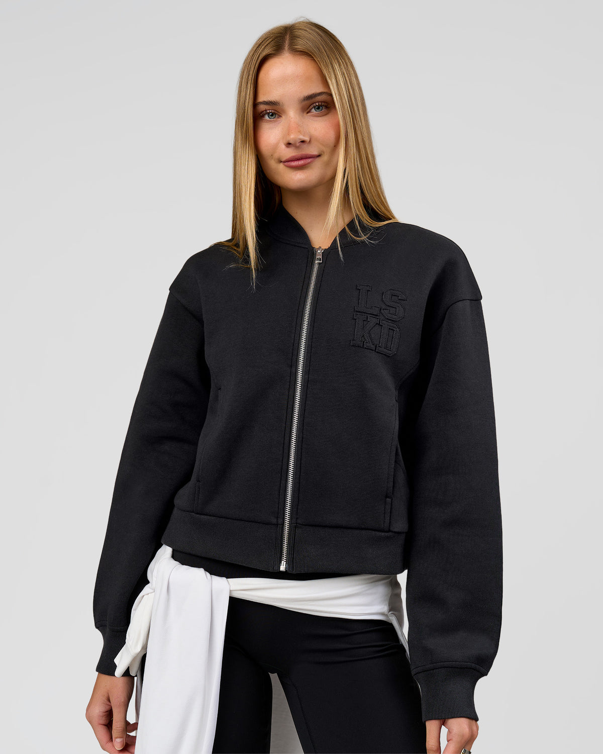 Woman wearing Bomber ZeroCrease Spacer Jacket - Black | Model:Taneisha | Size:XS