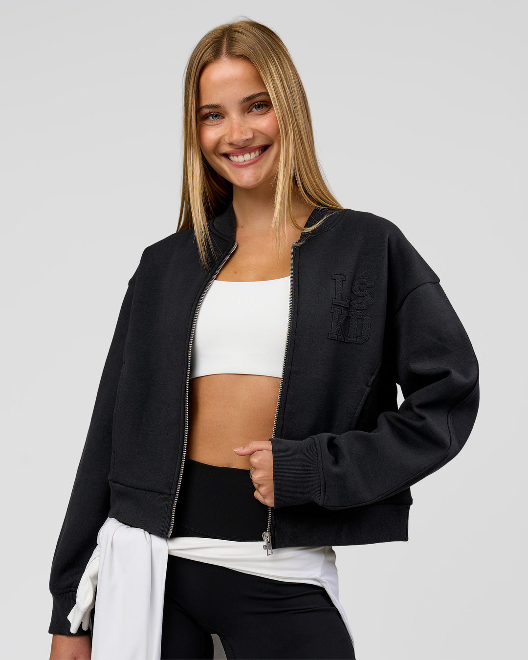 Woman wearing Bomber ZeroCrease Spacer Jacket - Black | Model:Taneisha | Size:XS - view 5