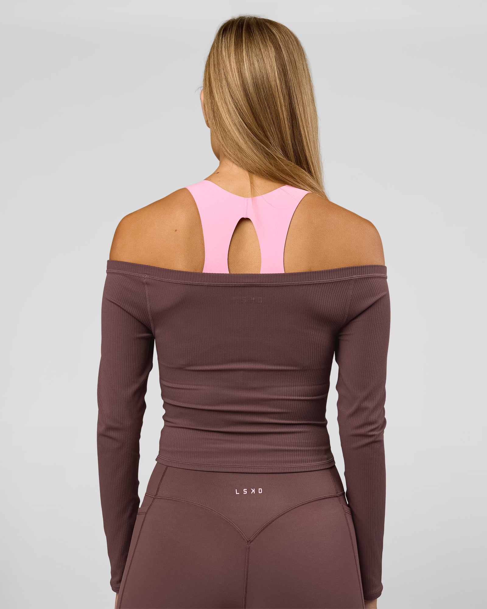 Woman wearing Bree Bardot Long Sleeve Top - Cocoa Powder | Model:Taneisha | Size:XS