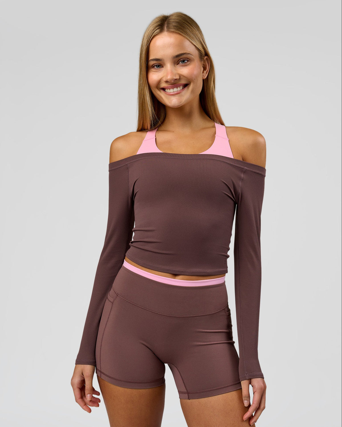 Woman wearing Bree Bardot Long Sleeve Top - Cocoa Powder | Model:Taneisha | Size:XS
