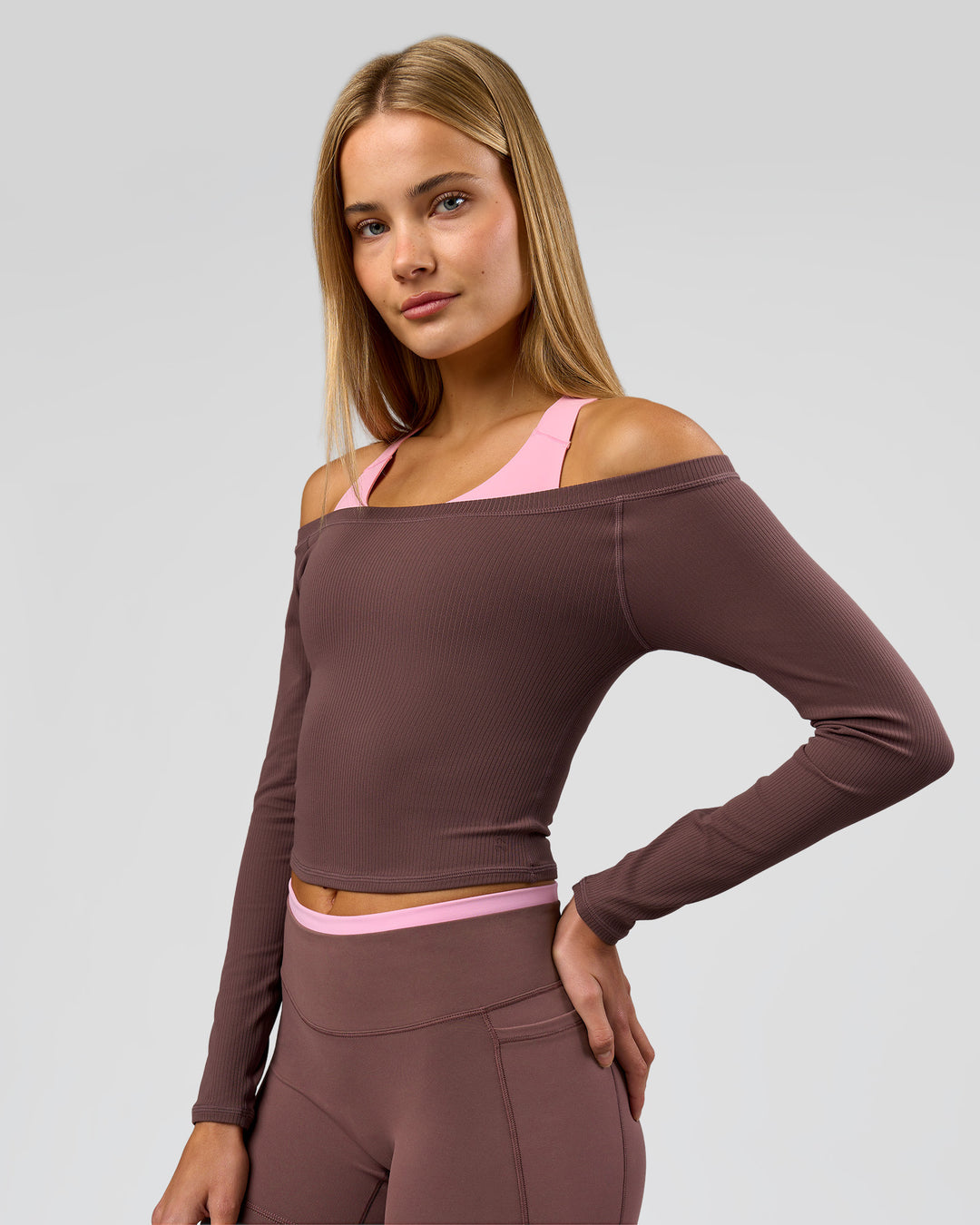 Woman wearing Bree Bardot Long Sleeve Top - Cocoa Powder | Model:Taneisha | Size:XS - view 7