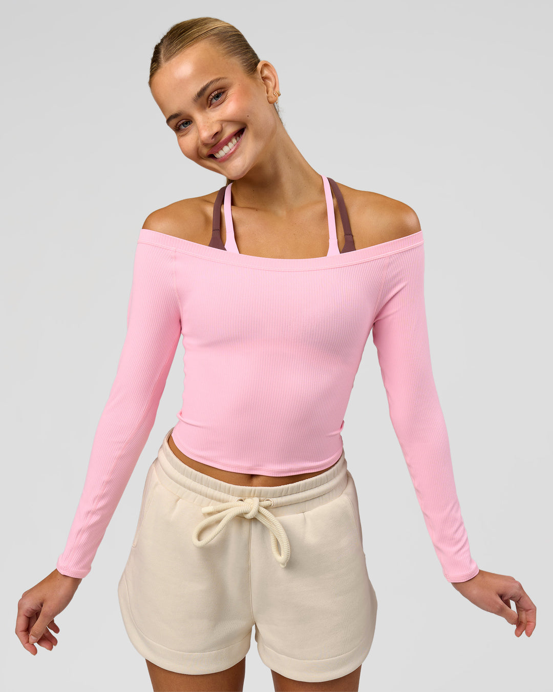 Woman wearing Bree Bardot Long Sleeve Top - Pink Rose | Model:Taneisha | Size:XS - view 13
