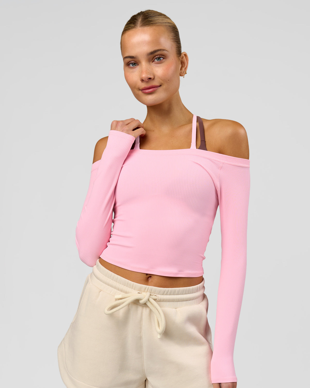 Woman wearing Bree Bardot Long Sleeve Top - Pink Rose | Model:Taneisha | Size:XS